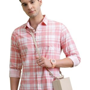 Long sleeve, spread collar cotton men's shirt with a regular fit.