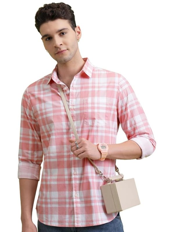 Long sleeve, spread collar cotton men's shirt with a regular fit.
